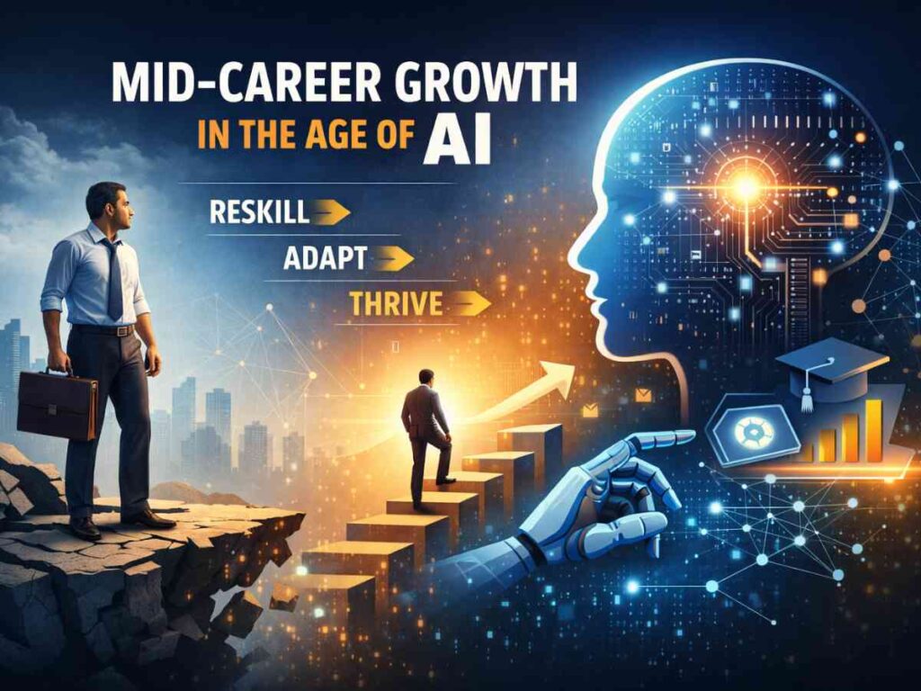 mid career crisis India, AI impact on jobs India, mid career growth AI era, AI and professionals India, reskilling mid career India, digital transformation careers India, AI skills professionals India, future of work India, learning agility professionals, AI career survival strategy