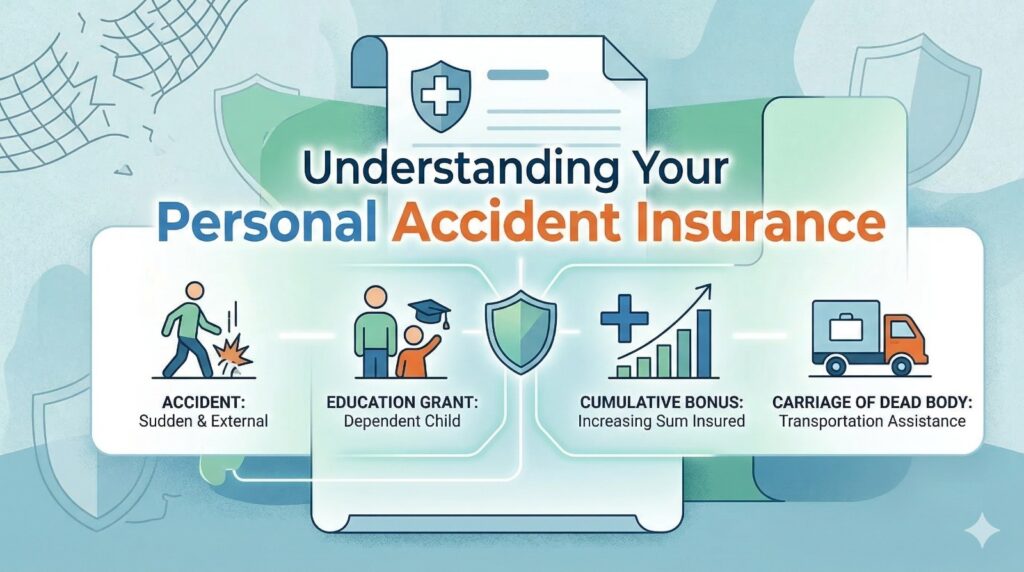 Personal Accident Insurance, IRDA guidelines, Insurance benefits, Capital Sum Insured, Cumulative Bonus, Insurance claim process, OdishaPlus Knowledge Series, financial planning, insurance exclusions.