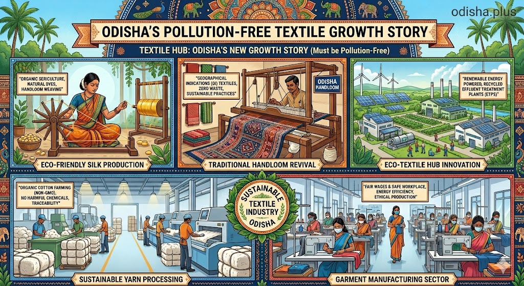 Odisha textile industry, sustainable industrial growth, textile manufacturing hubs, green manufacturing India, NIFT Bhubaneswar, industrial waste management, apparel manufacturing Odisha, environmental responsibility, Odisha economic development