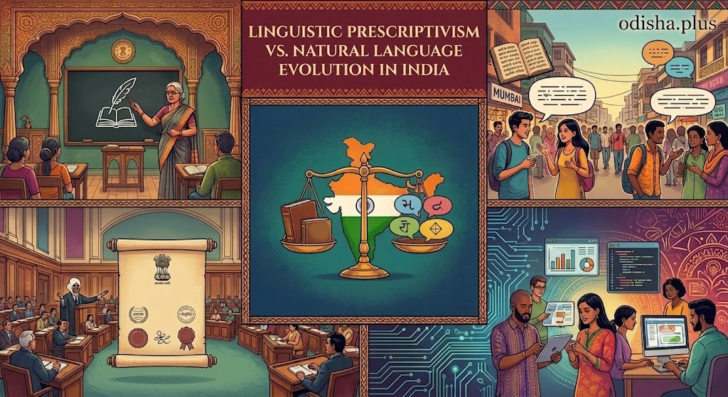 Explore the debate between linguistic prescriptivism and natural language evolution in India. How do institutions balance standard grammar with linguistic diversity?