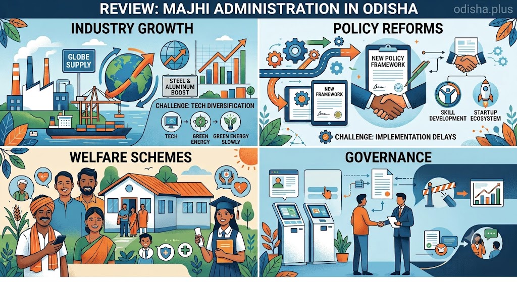 Mohan Charan Majhi, Odisha government performance, Subhadra Yojana, Odisha industrial investment, political transition Odisha, governance analysis, development of Odisha, BJP Odisha, Odisha policy review, public service.