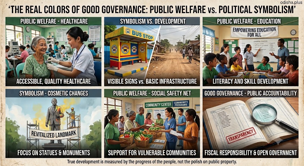 Good governance, political symbolism, public welfare, democratic accountability, administrative priorities, taxpayer money, cosmetic governance, socioeconomic development, welfare state, political reform