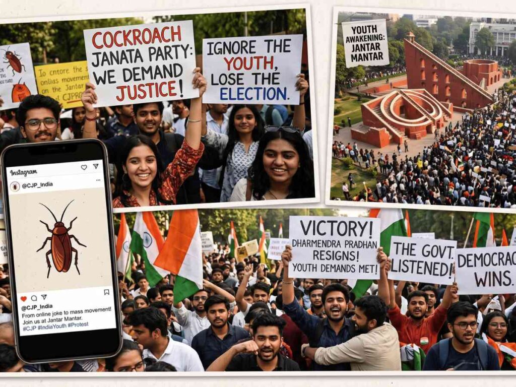 Cockroach Janata Party, Gen Z protest India, youth movement India, Dharmendra Pradhan resignation, Jantar Mantar protest, NEET paper leak, education reform India, student protest, democratic dissent, youth politics, social media activism, India 2026