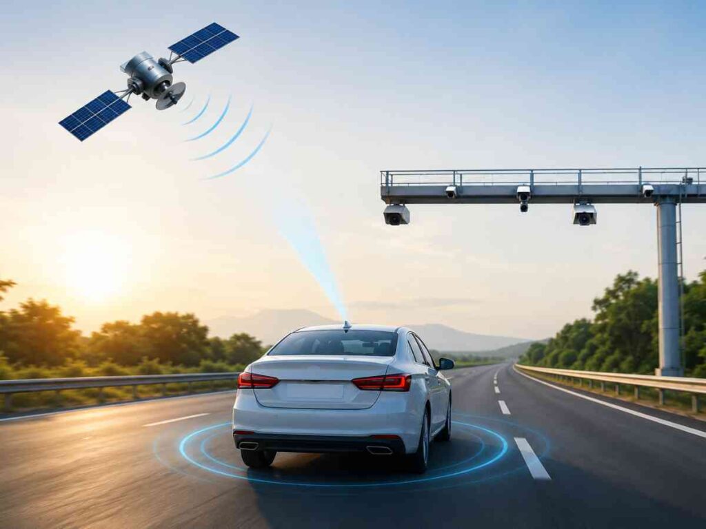 India GNSS Toll System, satellite tolling India, FASTag, GNSS toll collection, Nitin Gadkari, toll plazas India, barrier-free tolling, ANPR, On-Board Unit, highway toll system, MoRTH, road transport India, distance-based tolling, National Highways, India highways
