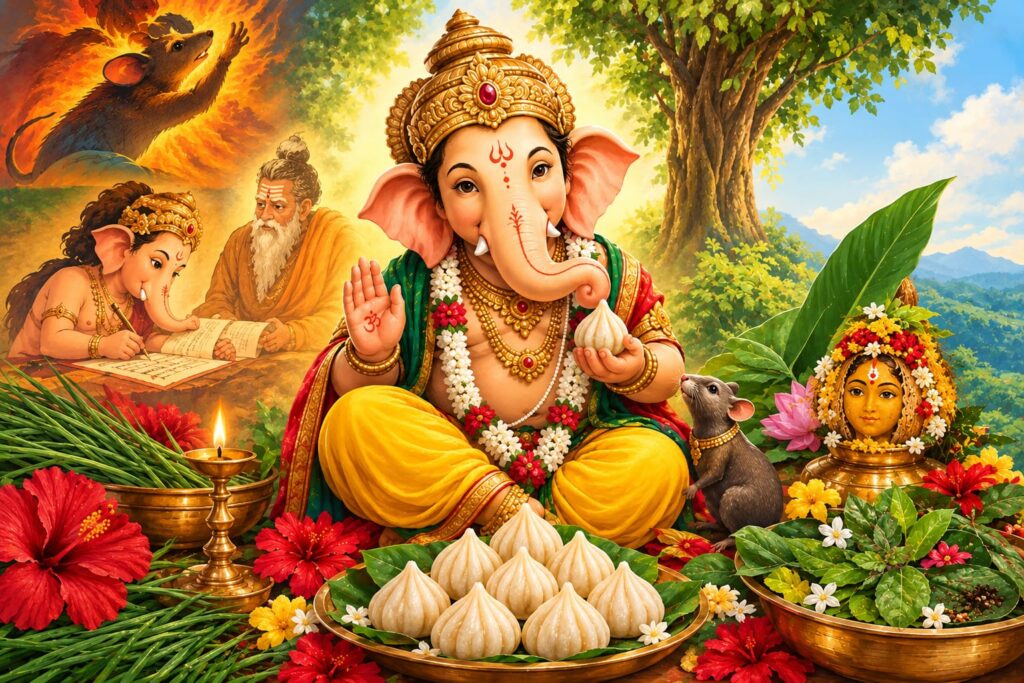 Ganapati Bappa stories, Ganesh Chaturthi, Lord Ganesha, Ganesha mythology, modak, Mushak, Ganesha vahana, Durva grass, Ganesh Chaturthi rituals, Ganesha symbolism, Gowri Puja, Ekadanta, 21 Durva, 21 sacred leaves, 24 modaks, Jagannath Temple Ganesha