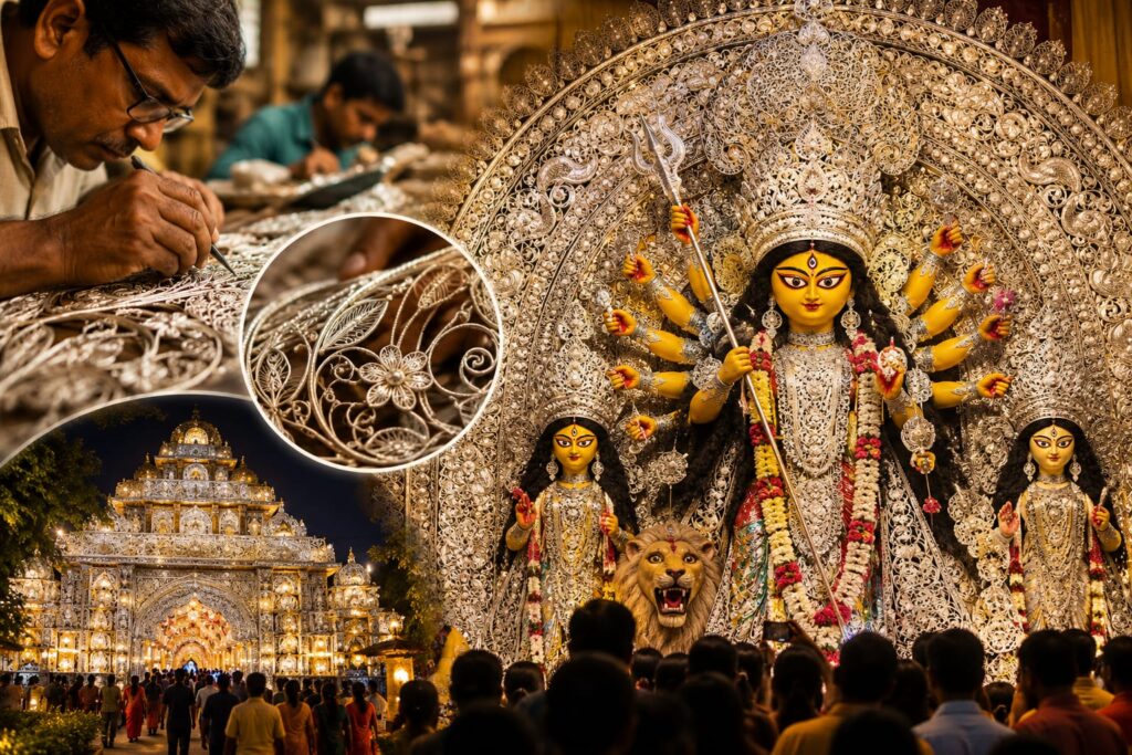 Kataka Durga Puja, Chandi Medha tradition, Silver City Kataka, Odisha silver filigree, Tarakasi craftsmanship, Chandi Medha history, Kataka silver heritage, Durga Puja in Odisha, Choudhury Bazaar Durga Puja, Odisha cultural heritage, silver filigree artisans, Kataka festivals